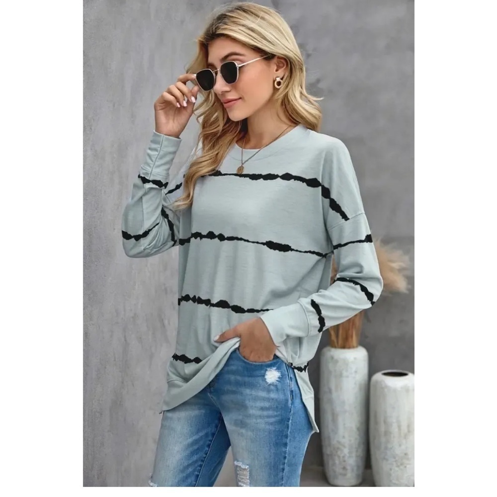 Long Sleeve Crewneck Sweatshirt Striped Printed Pullover, Blue - Picture 4 of 6